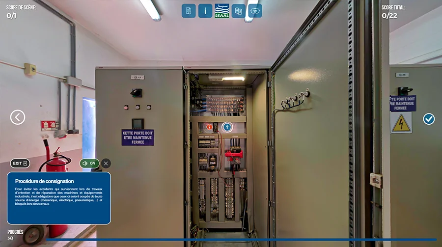 VR electrical safety training module teaching lockout and high-voltage procedures for industrial workers