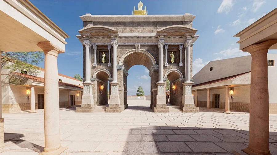 3D reconstruction of the ancient Roman city of Timgad in Algeria, showcasing its architecture and historical heritage