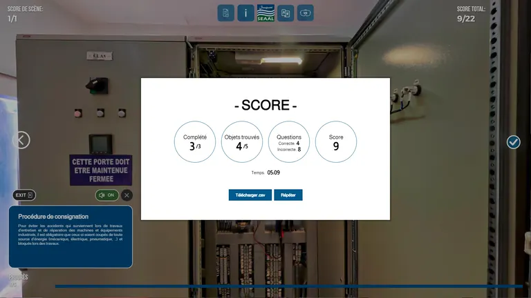 Écran d’évaluation de la simulation SEAAL de formation à la sécurité électrique.