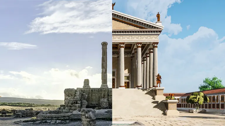 Comparaison entre les ruines de Timgad et leur reconstitution 3D.