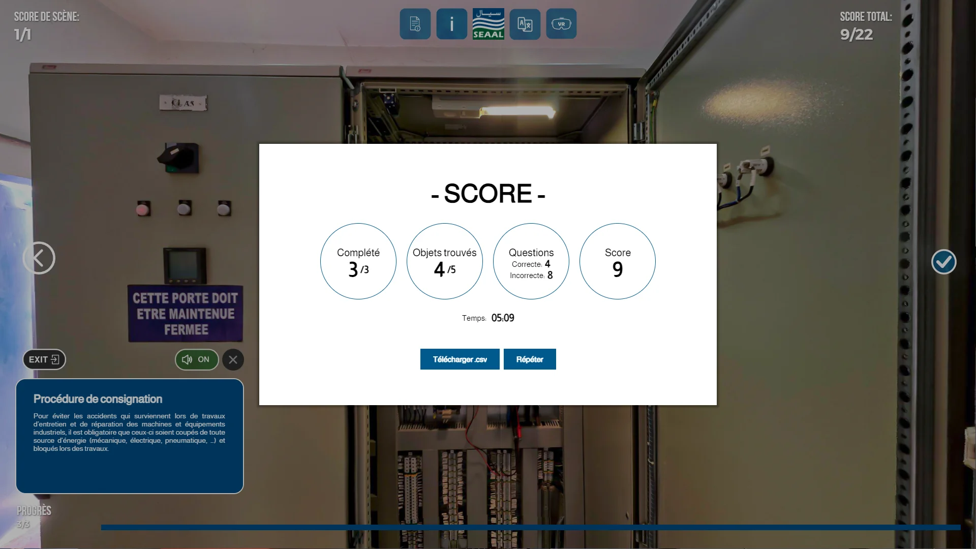 Assessment screen from the SEAAL electrical-safety training simulation.