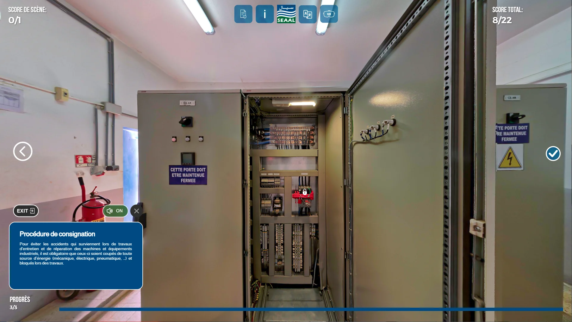 Electrical panel interaction inside the SEAAL lock-out tag-out training simulation.