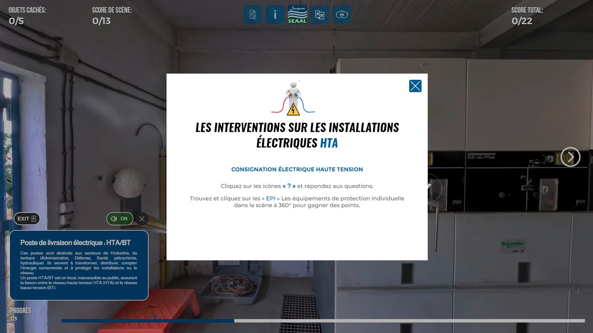 Instructional interface in the SEAAL electrical-safety training experience.