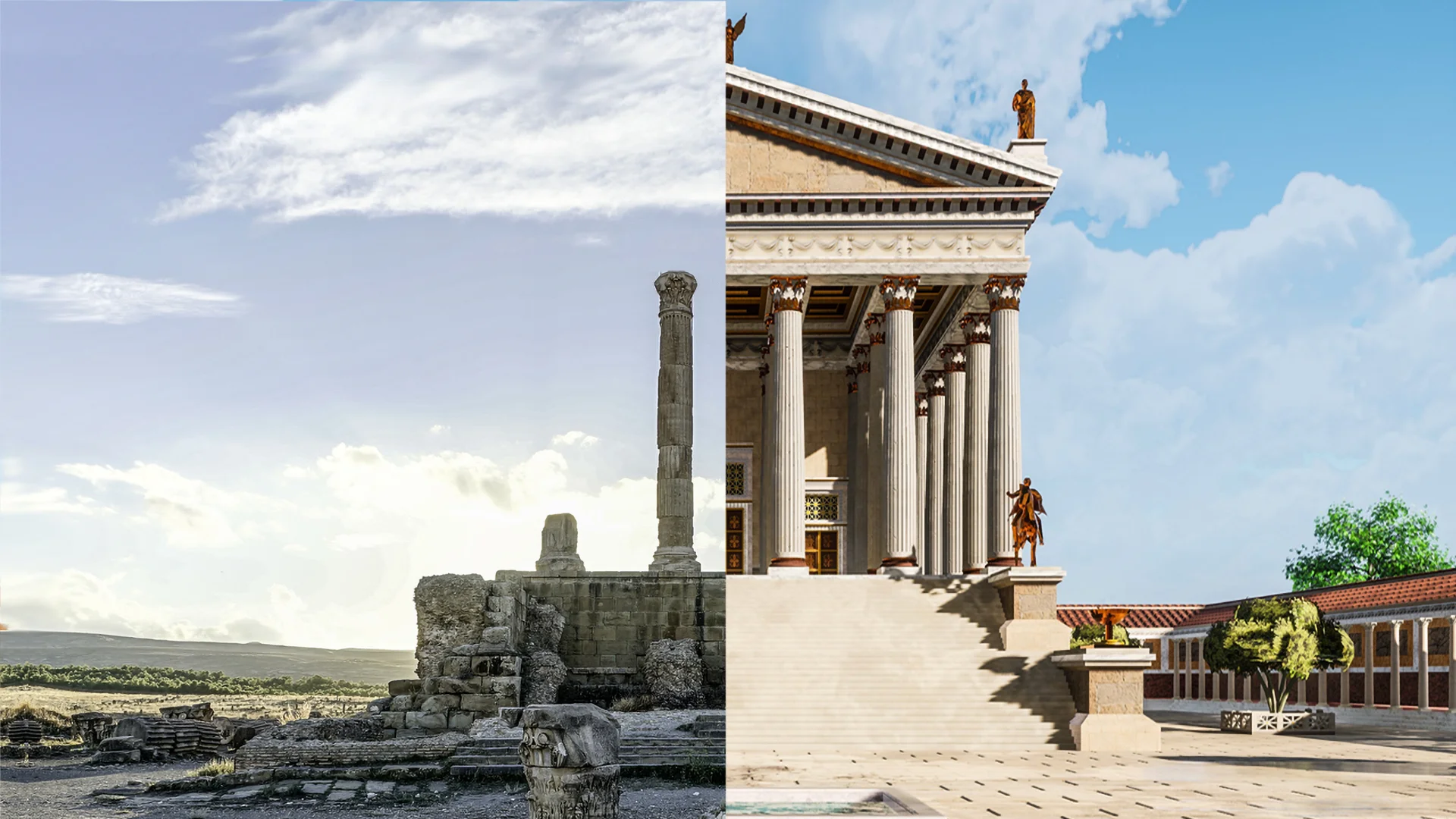 Before and after view of the Timgad 3D reconstruction